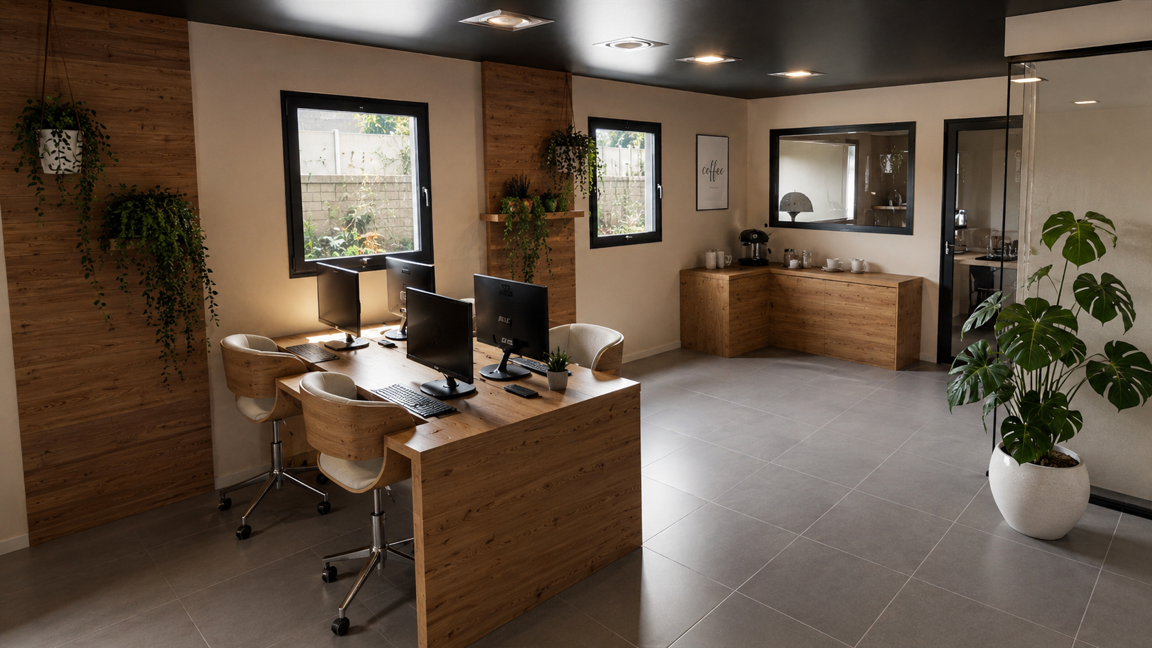 Espace de bureau professionnel avec plan de travail bois, chaises design et coin café