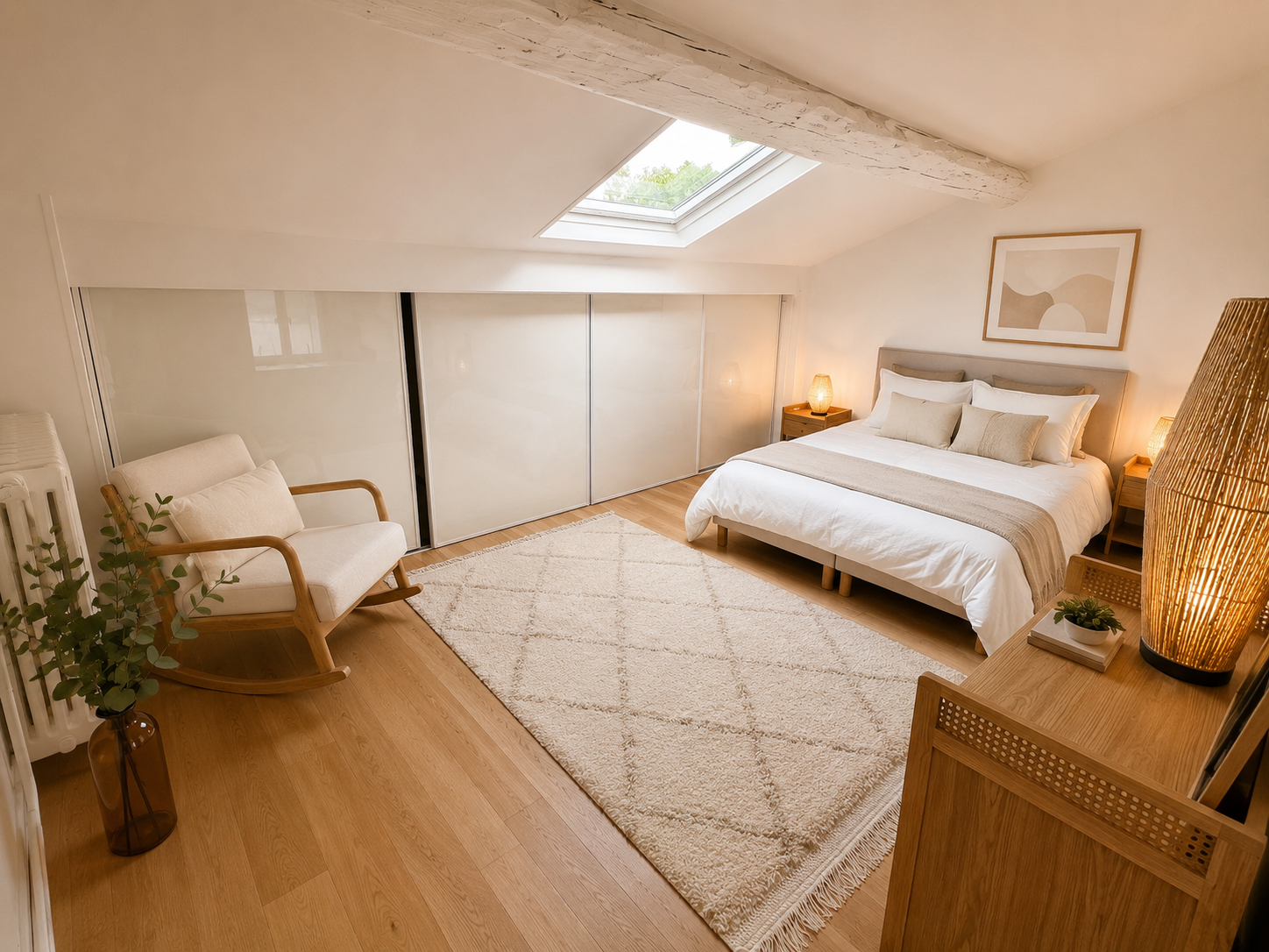 Chambre mansardée lumineuse avec poutres apparentes, literie blanche et fauteuil à bascule