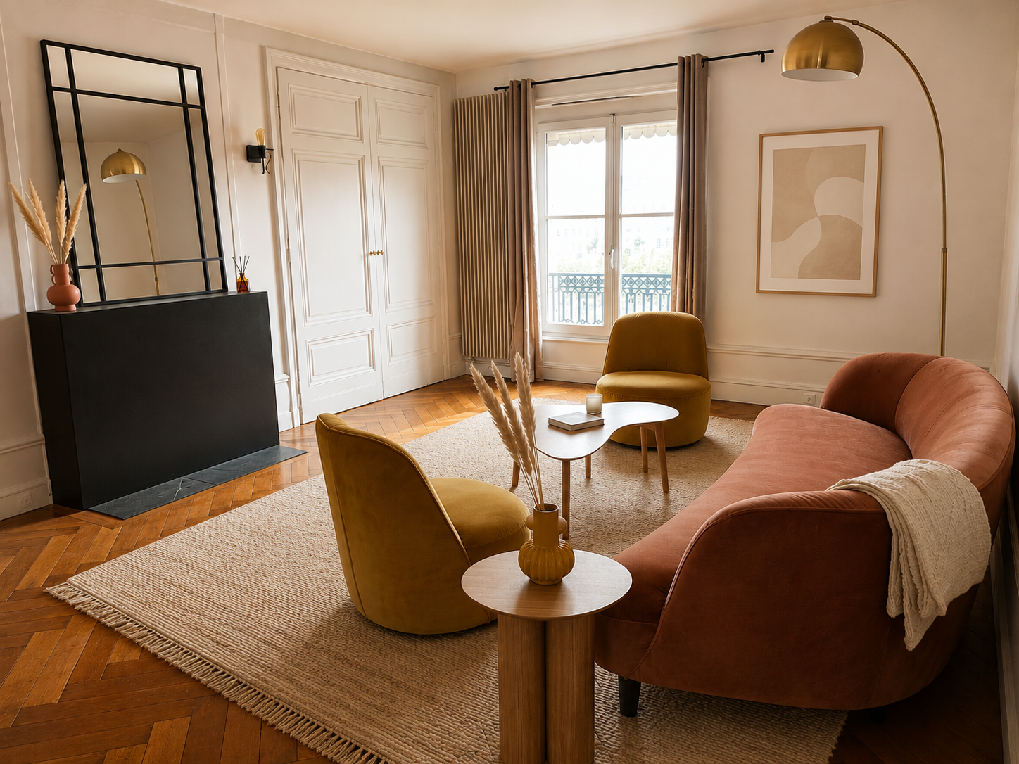 Salon haussmannien avec canapé terracotta, fauteuils moutarde et parquet en point de Hongrie